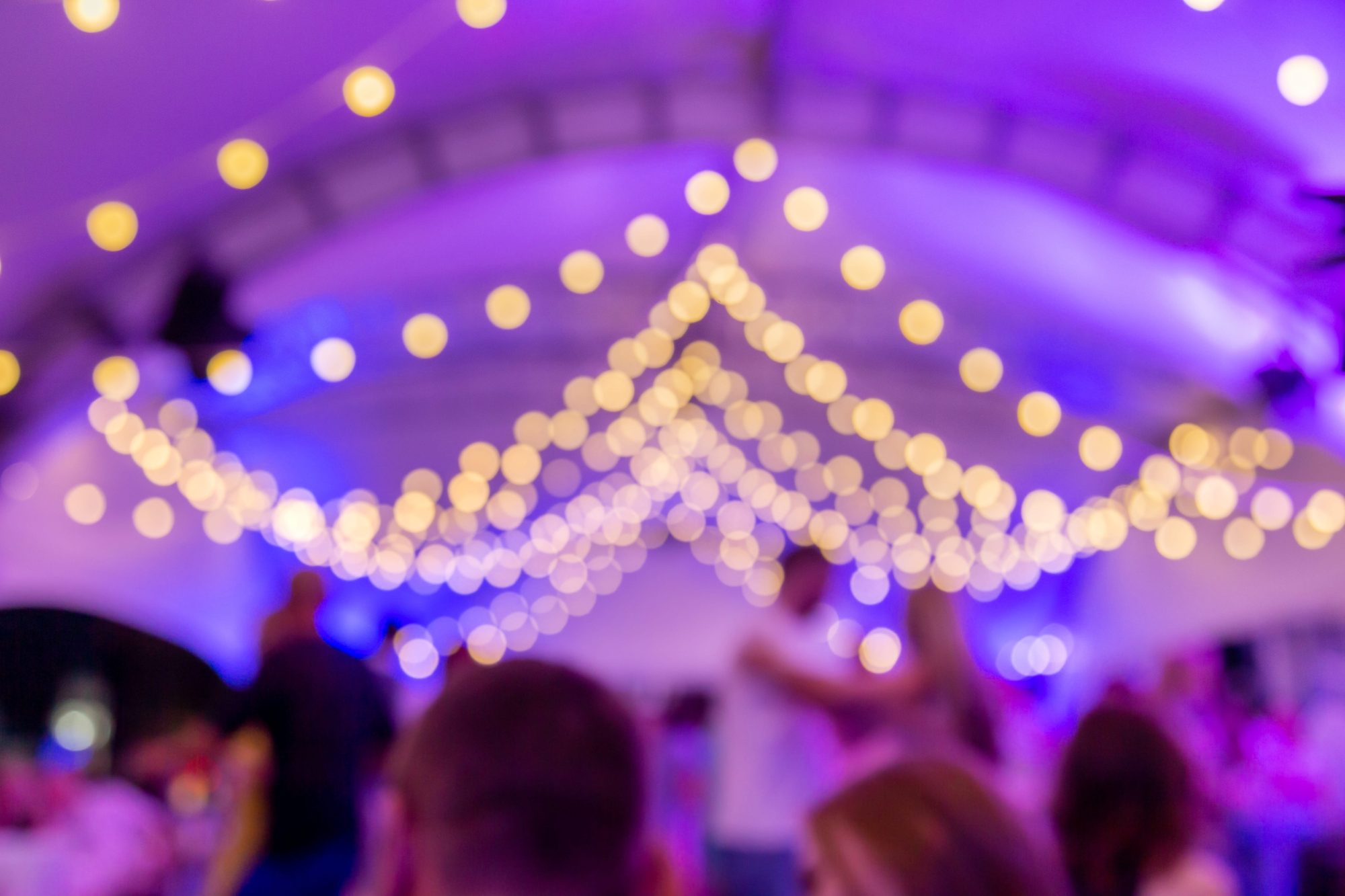 Evening wedding dance-floor lights and celebration atmosphere